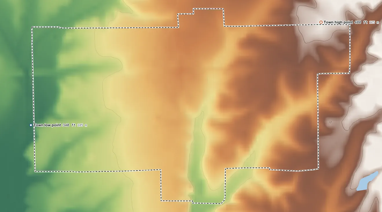 Topographic elevation map of New Houlka, Mississippi, shaded from 340 ft on the west side to 400 ft on the northeast side