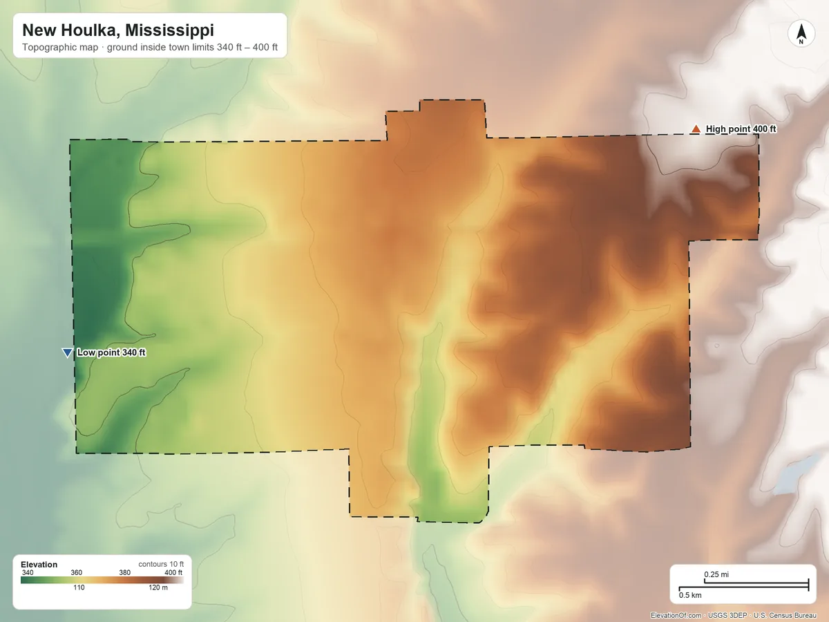 Topographic elevation map of New Houlka, Mississippi, shaded from 340 ft on the west side to 400 ft on the northeast side