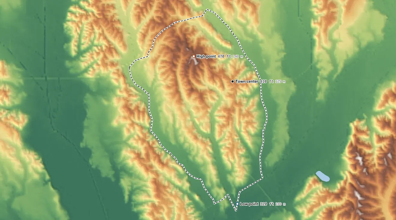 Topographic elevation map of New Site, Mississippi, shaded from 320 ft on the south side to 470 ft on the northwest side