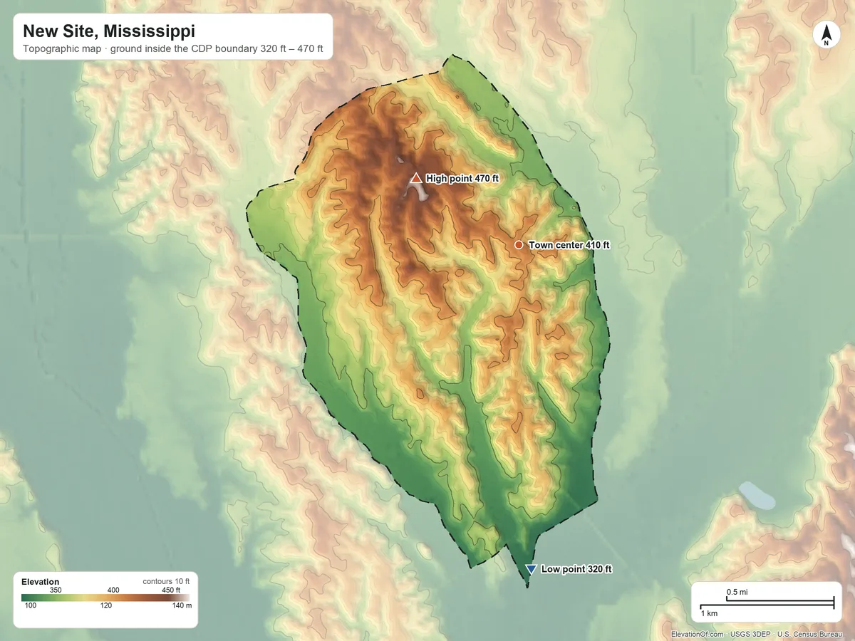 Topographic elevation map of New Site, Mississippi, shaded from 320 ft on the south side to 470 ft on the northwest side