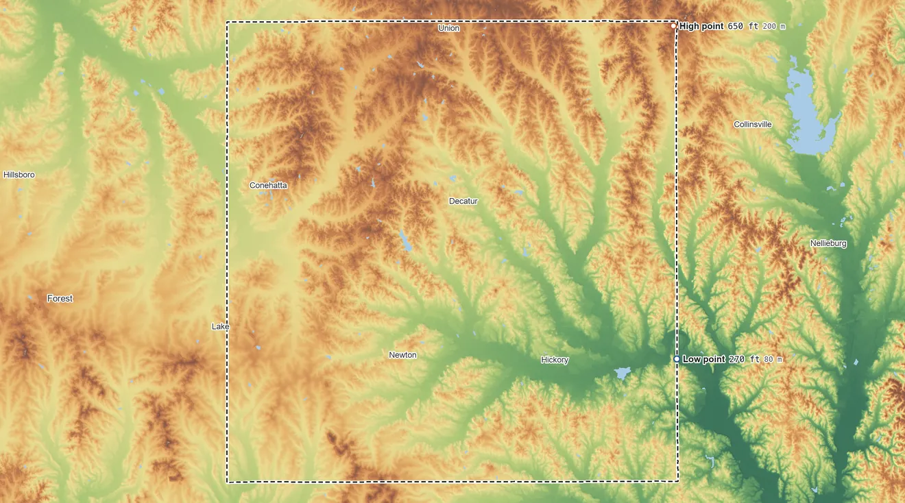 Topographic elevation map of Newton County, Mississippi, shaded from 270 ft on the southeast side to 650 ft on the northeast side