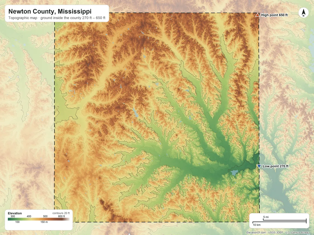 Topographic elevation map of Newton County, Mississippi, shaded from 270 ft on the southeast side to 650 ft on the northeast side
