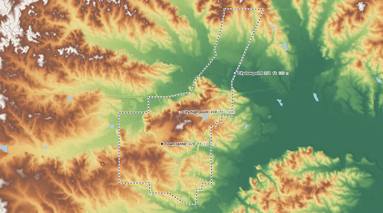Topographic elevation map of Newton, Mississippi, shaded from 350 ft on the northeast side to 490 ft on the northeast side
