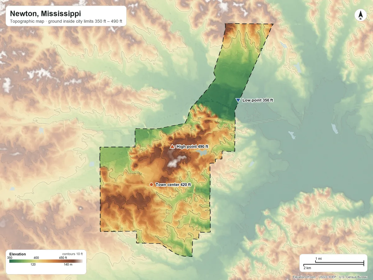 Topographic elevation map of Newton, Mississippi, shaded from 350 ft on the northeast side to 490 ft on the northeast side