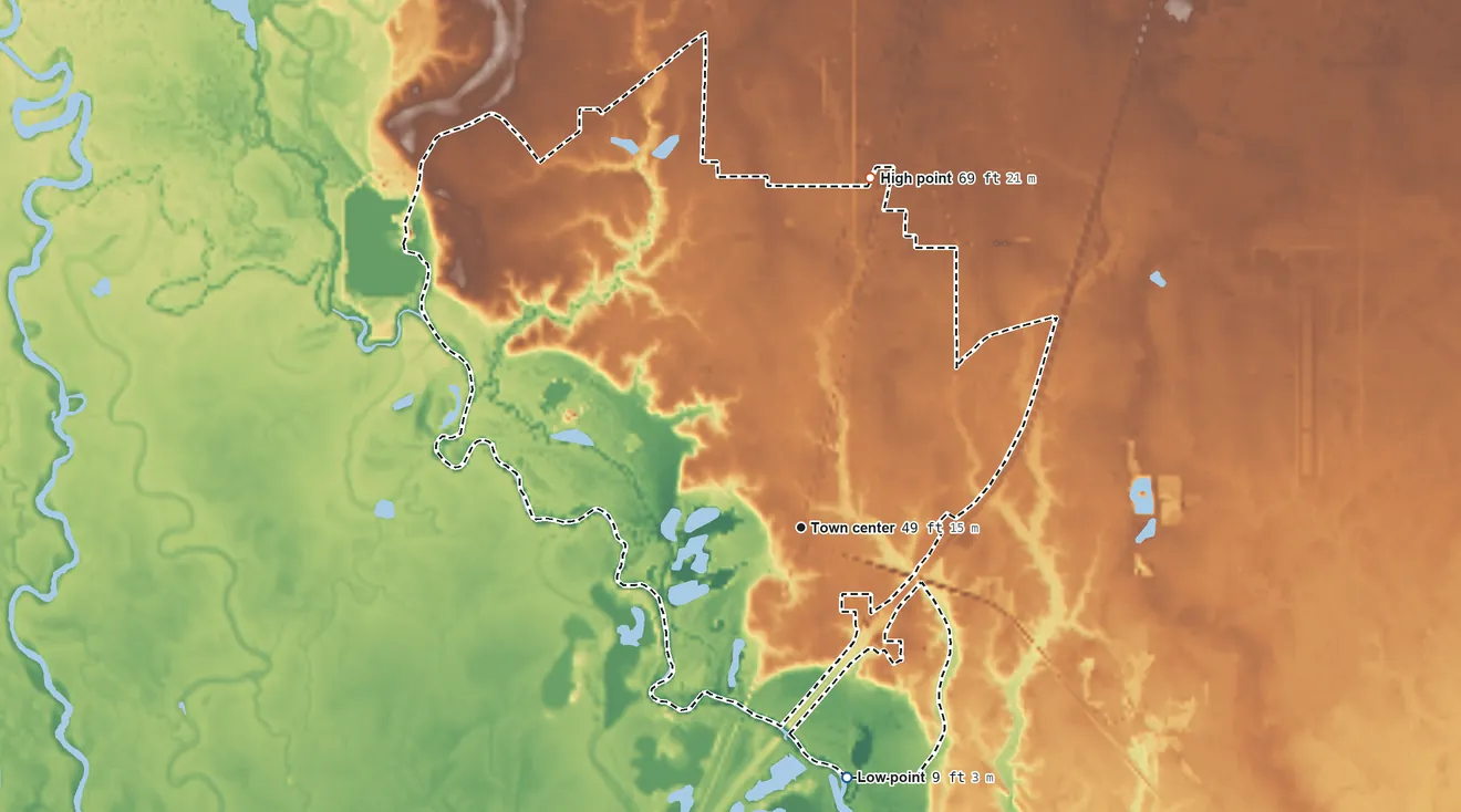 Topographic elevation map of Nicholson, Mississippi, shaded from 9 ft on the south side to 69 ft on the north side