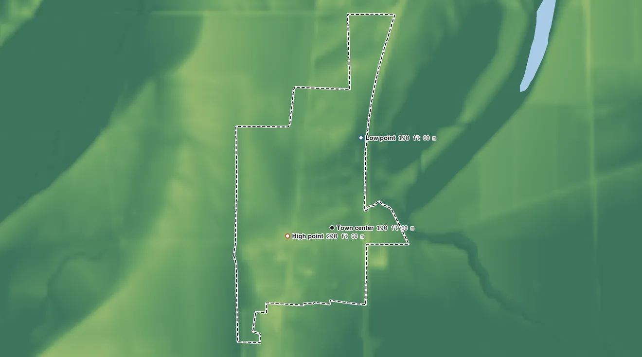 Topographic elevation map of North Tunica, Mississippi, shaded from 190 ft on the north side to 200 ft on the west side