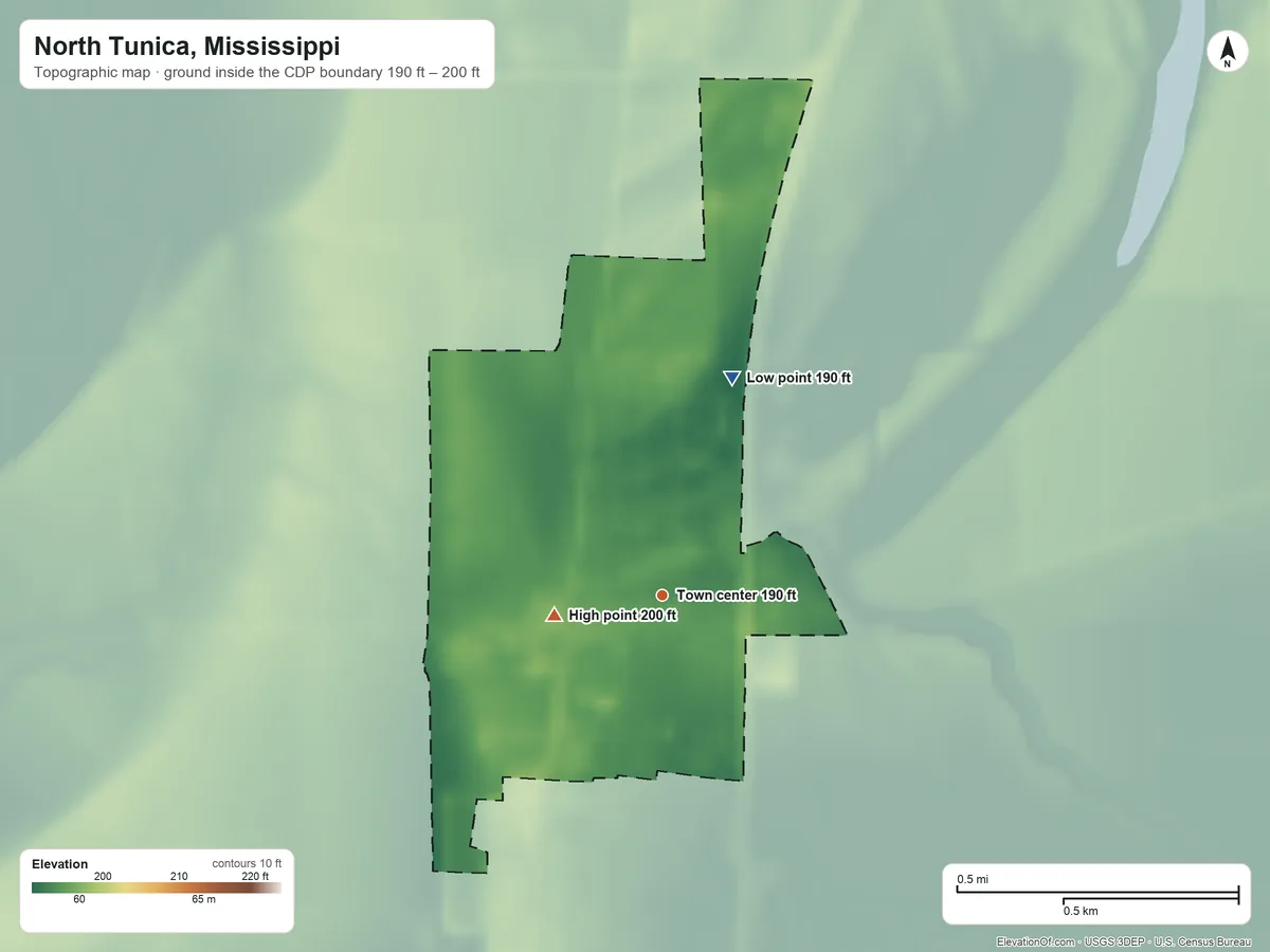 Topographic elevation map of North Tunica, Mississippi, shaded from 190 ft on the north side to 200 ft on the west side