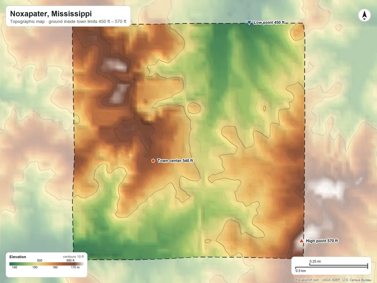 Topographic elevation map of Noxapater, Mississippi, shaded from 450 ft on the northeast side to 570 ft on the southeast side