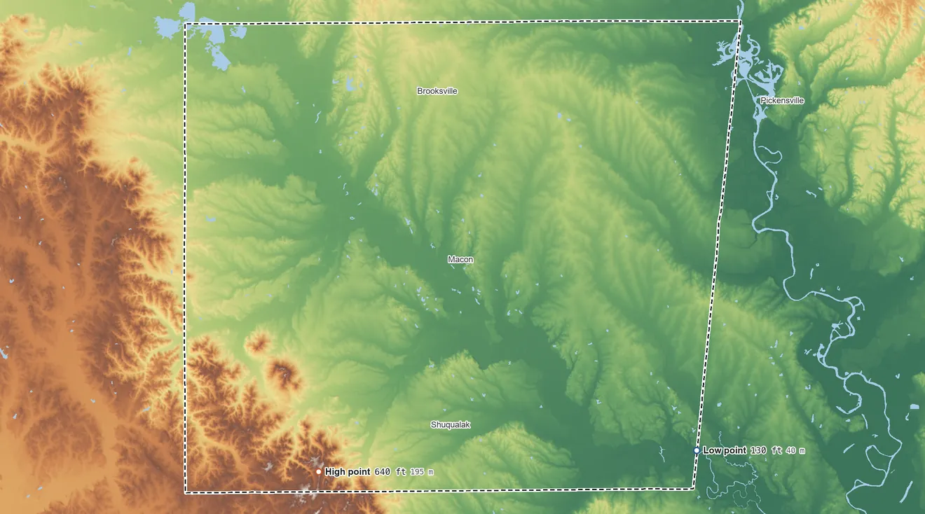 Topographic elevation map of Noxubee County, Mississippi, shaded from 130 ft on the southeast side to 640 ft on the southwest side