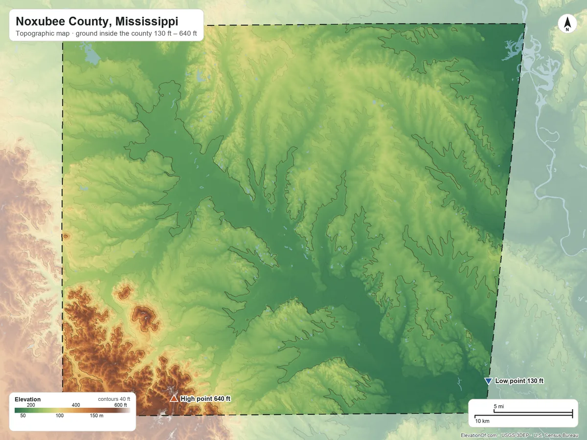Topographic elevation map of Noxubee County, Mississippi, shaded from 130 ft on the southeast side to 640 ft on the southwest side