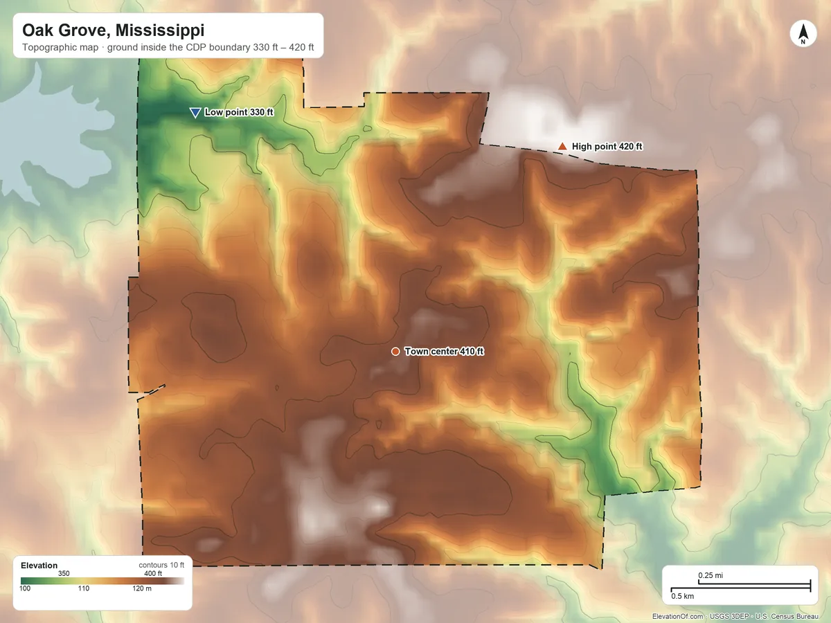 Topographic elevation map of Oak Grove, Mississippi, shaded from 330 ft on the northwest side to 420 ft on the northeast side