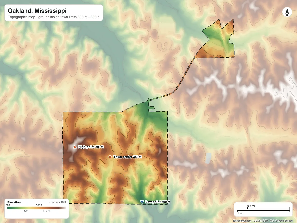 Topographic elevation map of Oakland, Mississippi, shaded from 300 ft on the southeast side to 390 ft on the west side