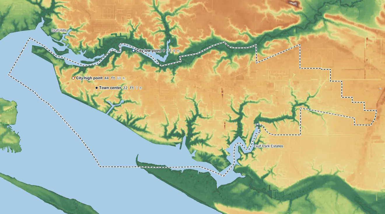 Topographic elevation map of Ocean Springs, Mississippi, shaded from sea level level on the Back Bay of Biloxi to 44 ft near the middle