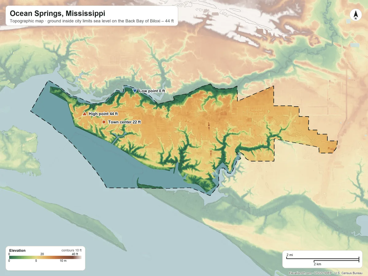 Topographic elevation map of Ocean Springs, Mississippi, shaded from sea level level on the Back Bay of Biloxi to 44 ft near the middle