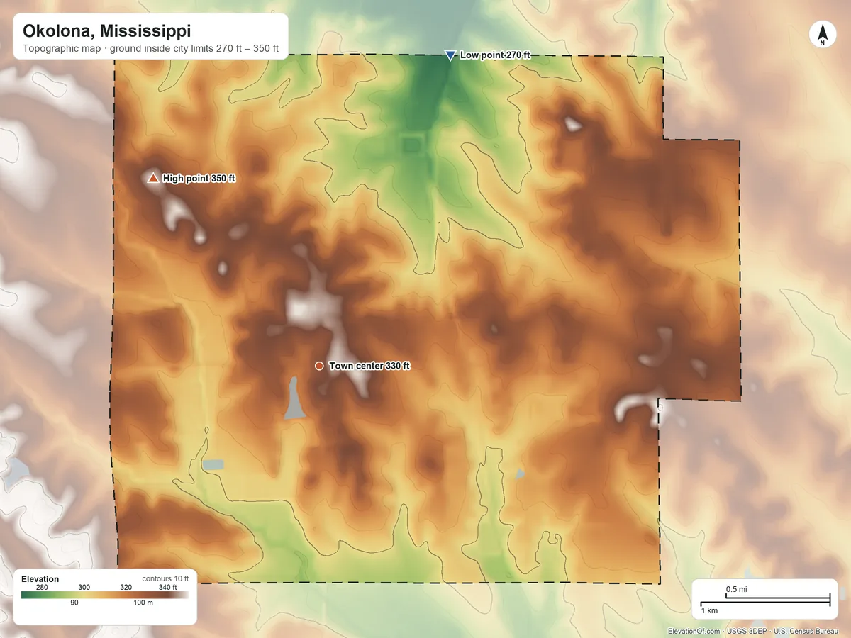 Topographic elevation map of Okolona, Mississippi, shaded from 270 ft on the northeast side to 350 ft on the northwest side