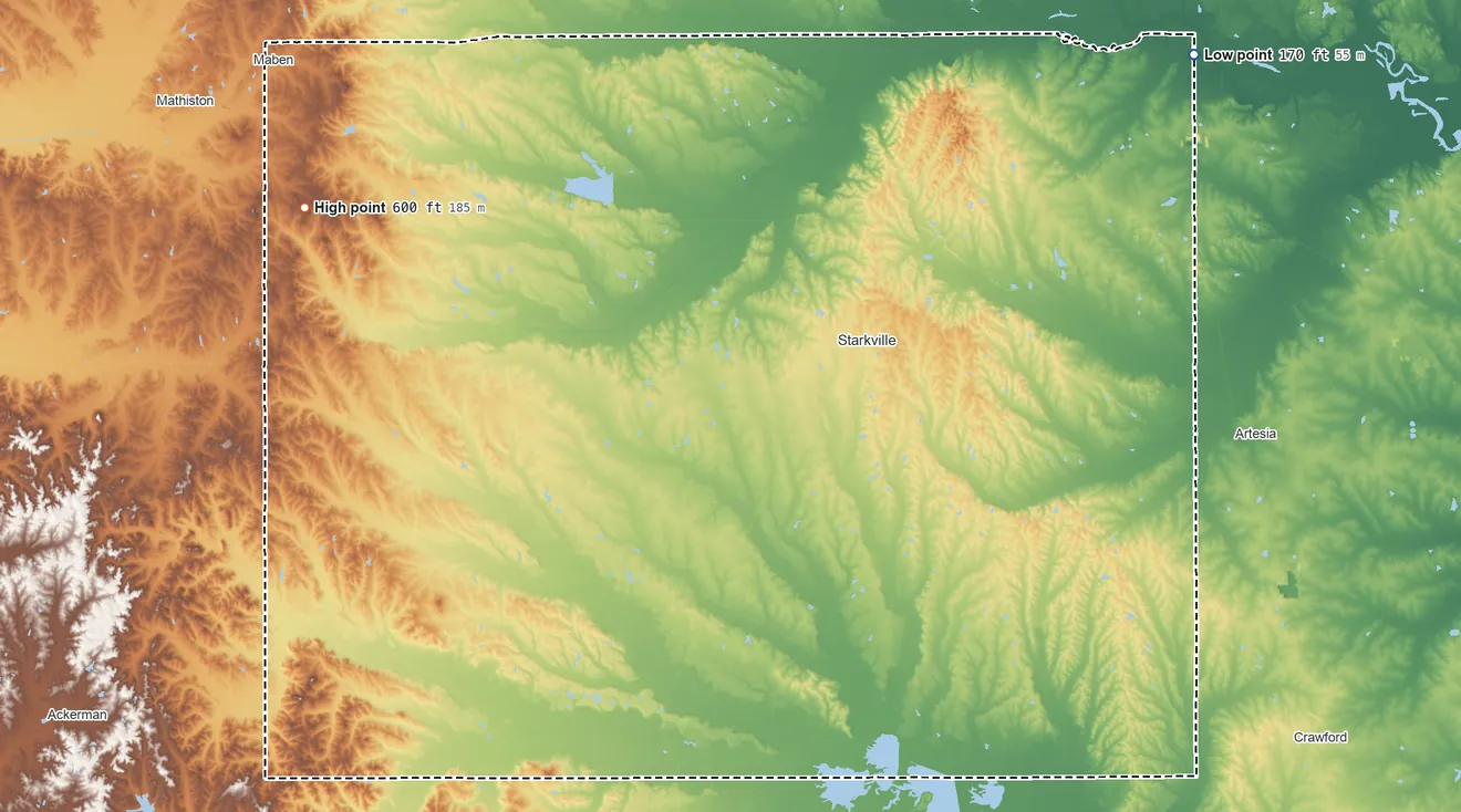 Topographic elevation map of Oktibbeha County, Mississippi, shaded from 170 ft on the northeast side to 600 ft on the northwest side