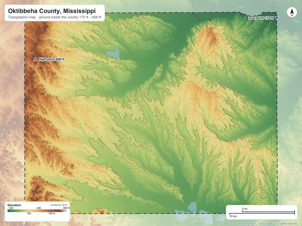 Topographic elevation map of Oktibbeha County, Mississippi, shaded from 170 ft on the northeast side to 600 ft on the northwest side
