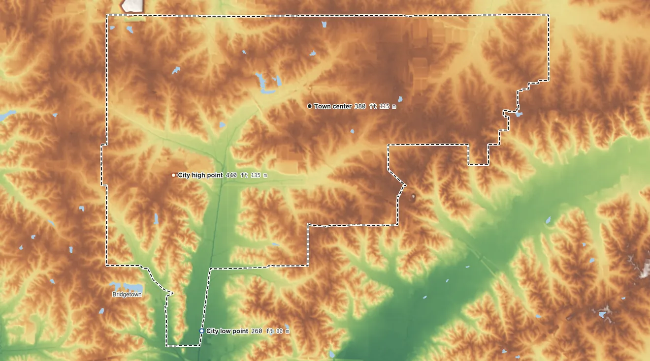 Topographic elevation map of Olive Branch, Mississippi, shaded from 260 ft on the southwest side to 440 ft on the southwest side