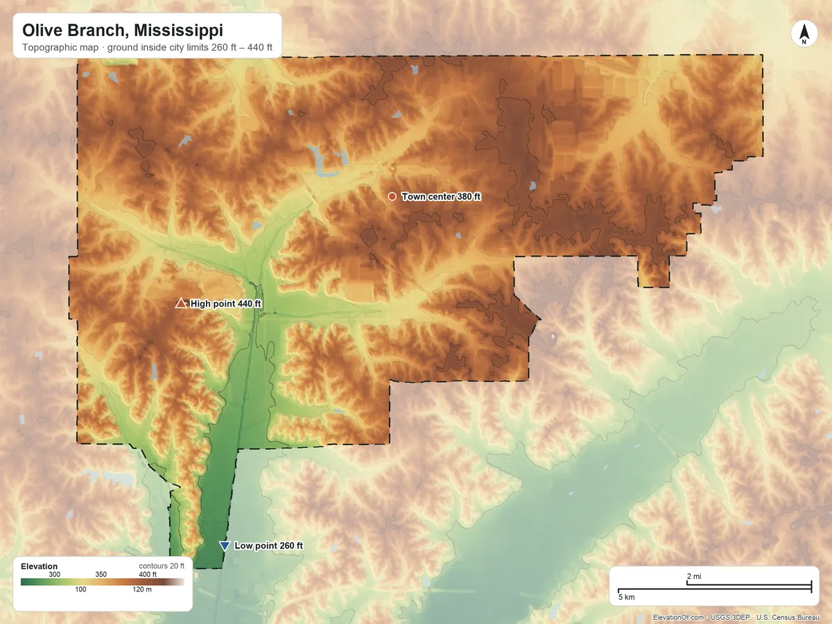Topographic elevation map of Olive Branch, Mississippi, shaded from 260 ft on the southwest side to 440 ft on the southwest side