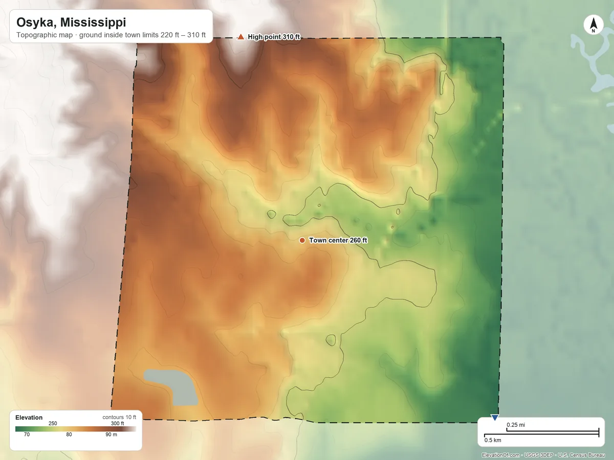 Topographic elevation map of Osyka, Mississippi, shaded from 220 ft on the southeast side to 310 ft on the north side