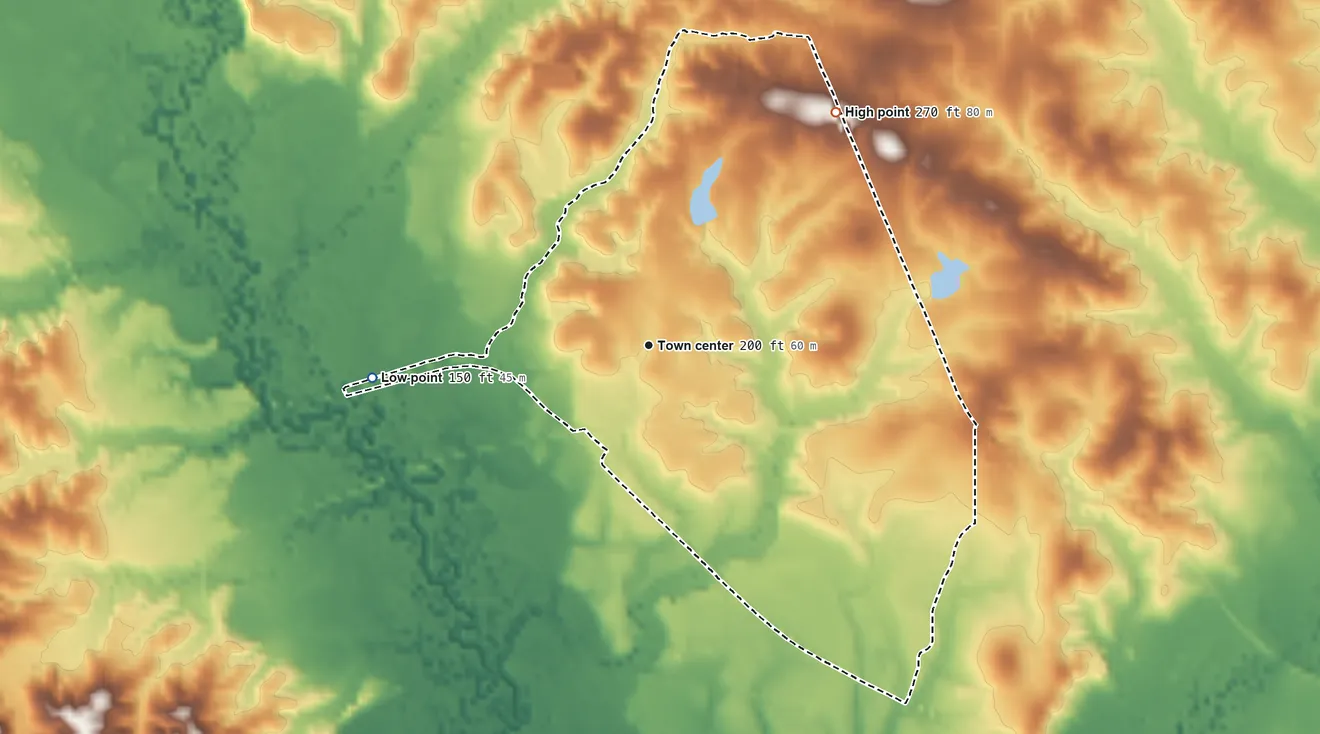 Topographic elevation map of Ovett, Mississippi, shaded from 150 ft on the west side to 270 ft on the northeast side