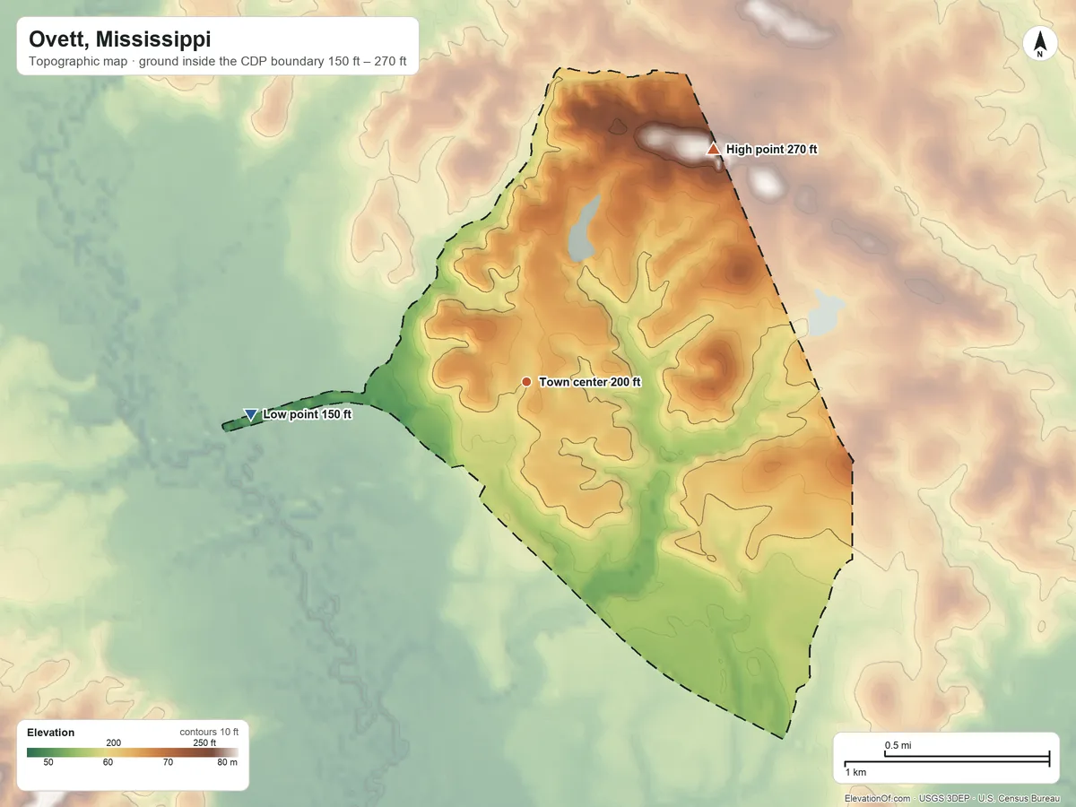 Topographic elevation map of Ovett, Mississippi, shaded from 150 ft on the west side to 270 ft on the northeast side