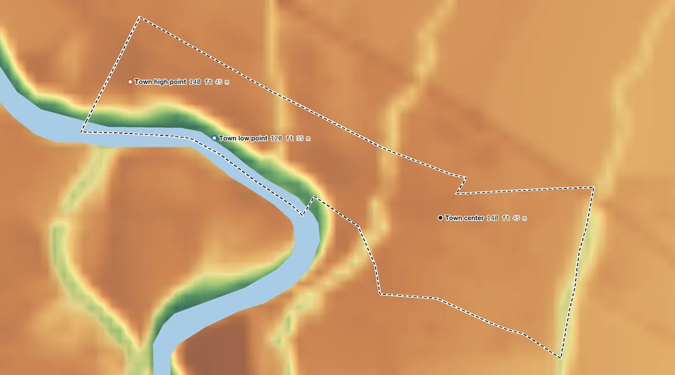 Topographic elevation map of Pace, Mississippi, shaded from 120 ft on the west side to 140 ft on the northwest side