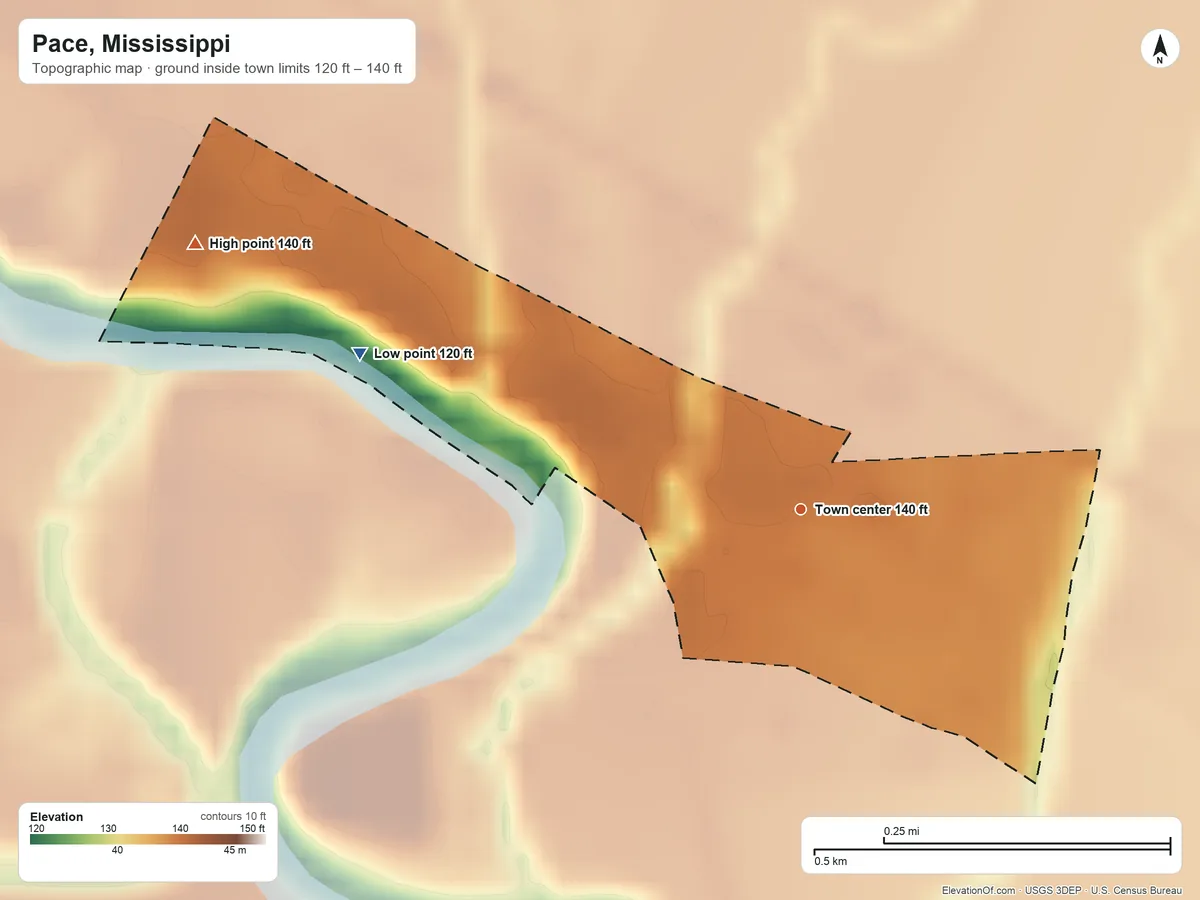 Topographic elevation map of Pace, Mississippi, shaded from 120 ft on the west side to 140 ft on the northwest side
