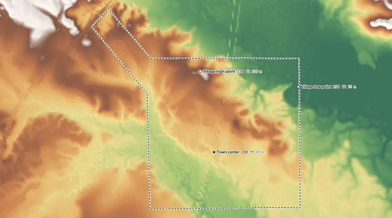 Topographic elevation map of Pachuta, Mississippi, shaded from 250 ft on the northeast side to 330 ft on the north side