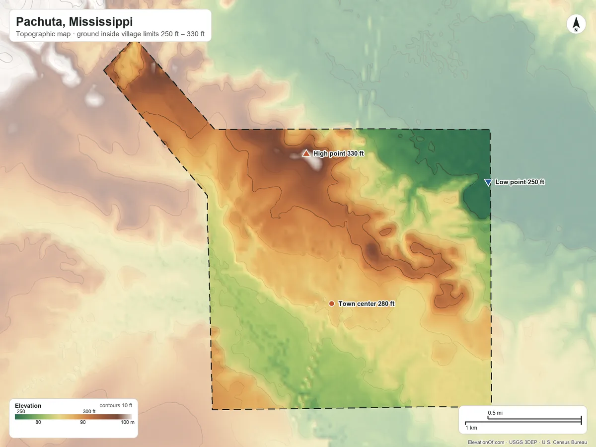 Topographic elevation map of Pachuta, Mississippi, shaded from 250 ft on the northeast side to 330 ft on the north side