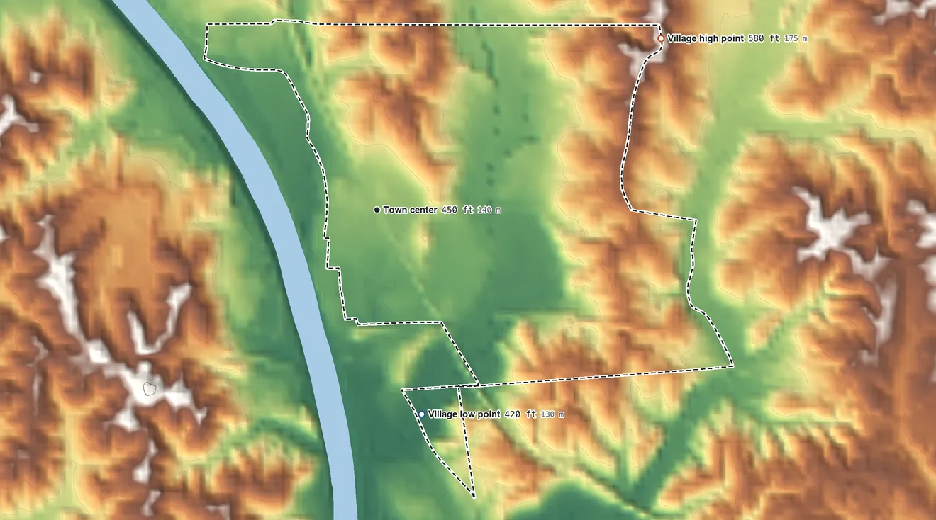 Topographic elevation map of Paden, Mississippi, shaded from 420 ft on the south side to 580 ft on the northeast side