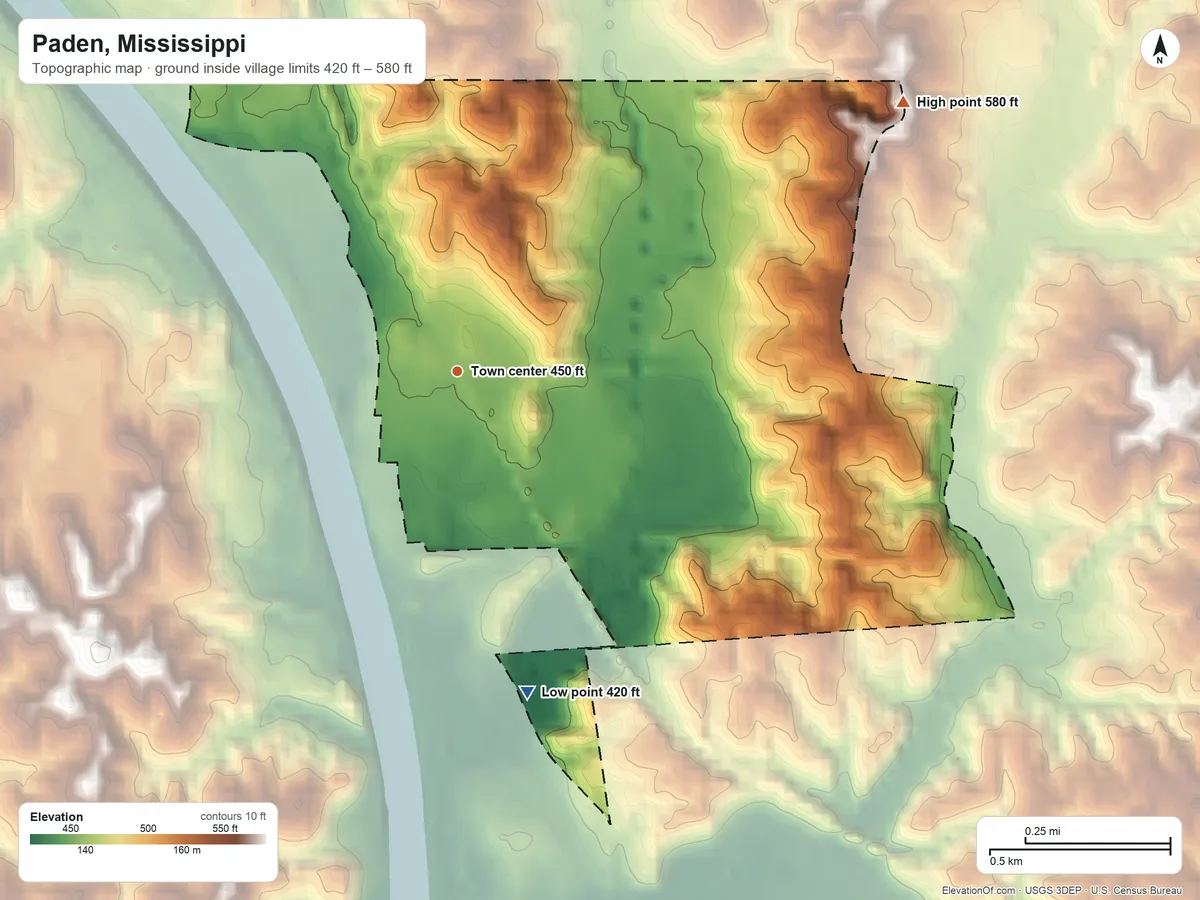 Topographic elevation map of Paden, Mississippi, shaded from 420 ft on the south side to 580 ft on the northeast side