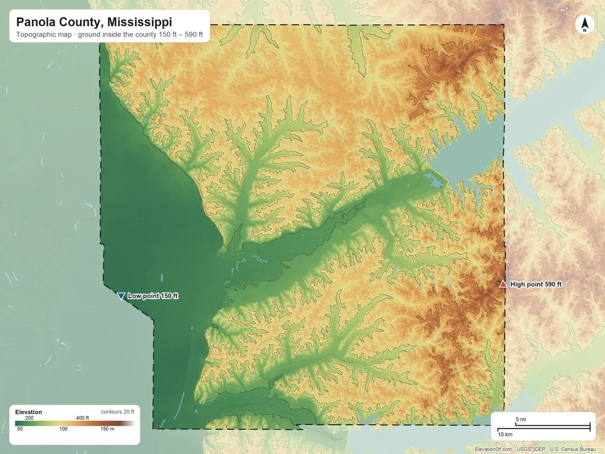 Topographic elevation map of Panola County, Mississippi, shaded from 150 ft on the west side to 590 ft on the east side