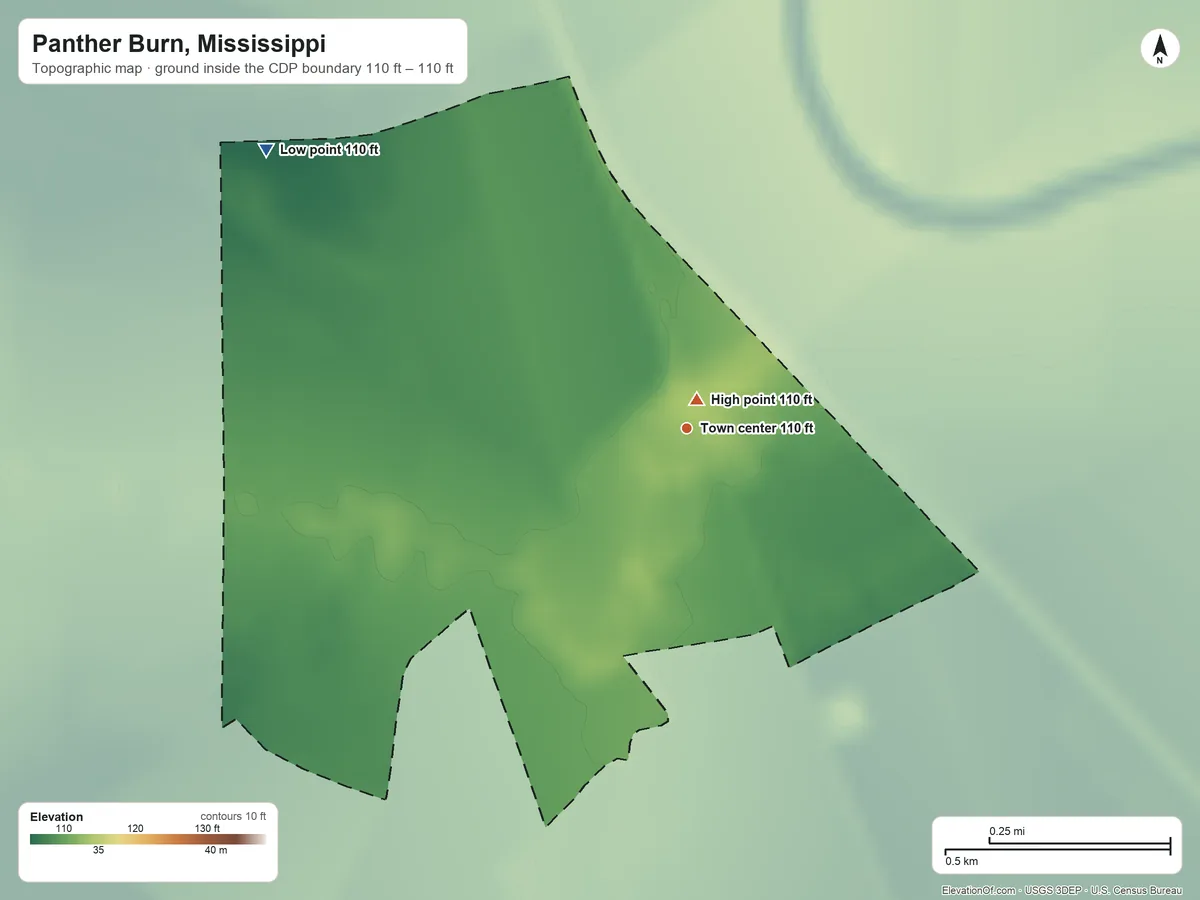 Topographic elevation map of Panther Burn, Mississippi, shaded from 110 ft on the northwest side to 110 ft near the middle