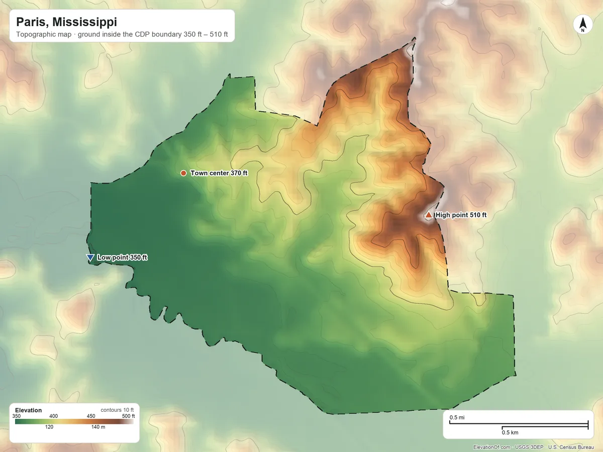Topographic elevation map of Paris, Mississippi, shaded from 350 ft on the southwest side to 510 ft on the east side
