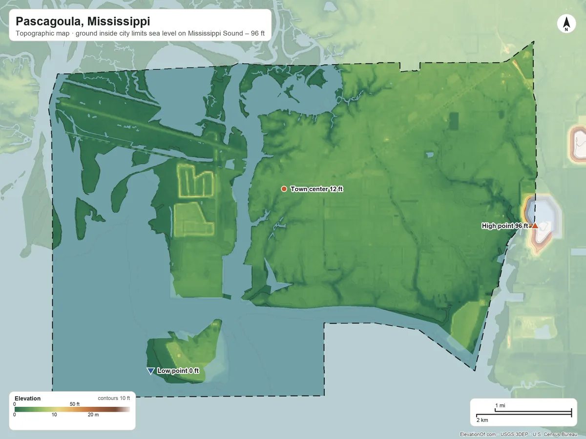 Topographic elevation map of Pascagoula, Mississippi, shaded from sea level level on Mississippi Sound to 96 ft on the east side