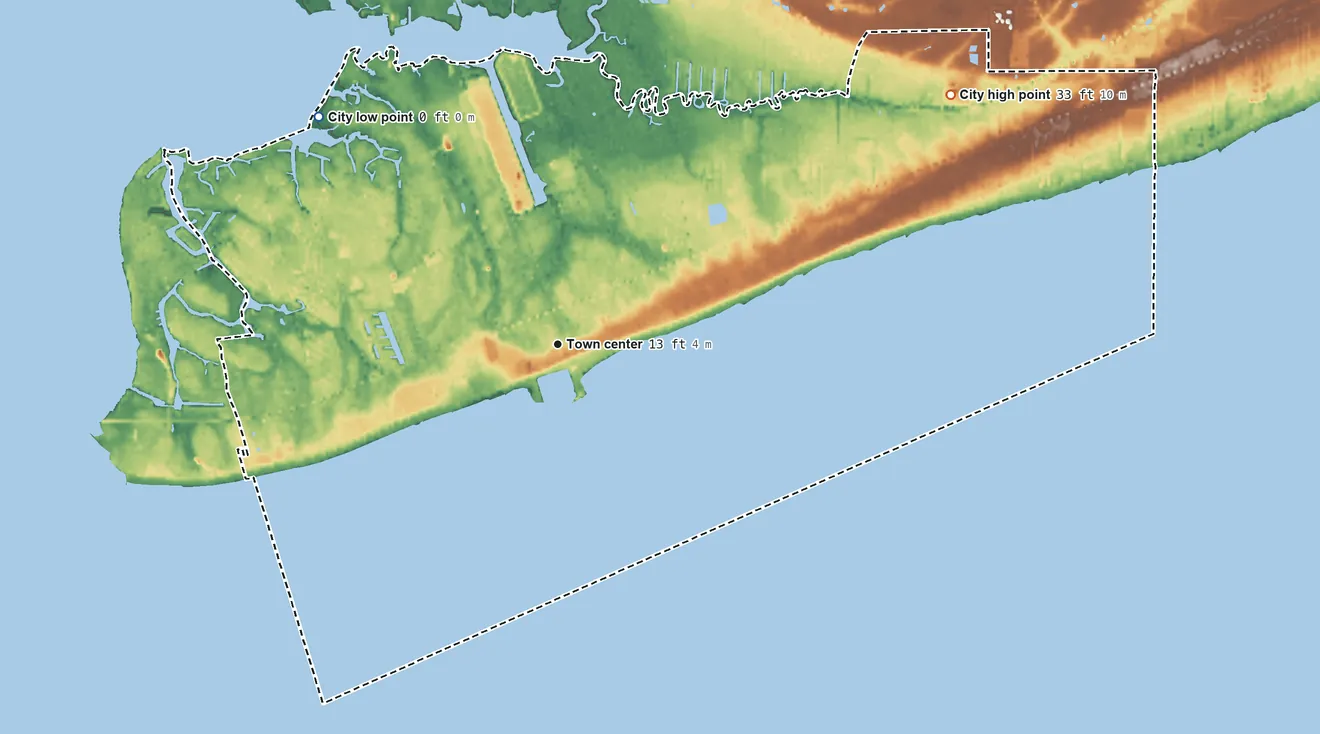 Topographic elevation map of Pass Christian, Mississippi, shaded from sea level level on St. Louis Bay to 33 ft on the northeast side
