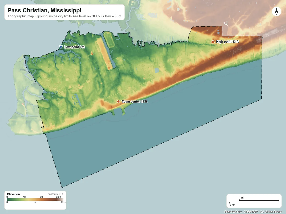 Topographic elevation map of Pass Christian, Mississippi, shaded from sea level level on St. Louis Bay to 33 ft on the northeast side