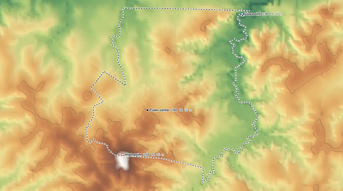 Topographic elevation map of Pattison, Mississippi, shaded from 130 ft on the northeast side to 260 ft on the southwest side
