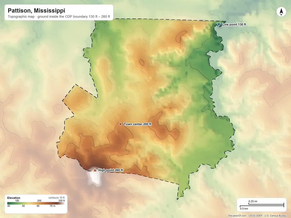 Topographic elevation map of Pattison, Mississippi, shaded from 130 ft on the northeast side to 260 ft on the southwest side