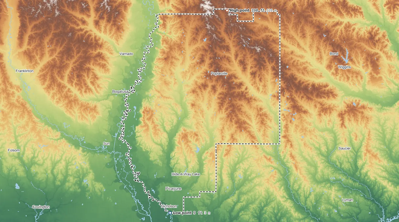 Topographic elevation map of Pearl River County, Mississippi, shaded from 9 ft on the south side to 390 ft on the north side