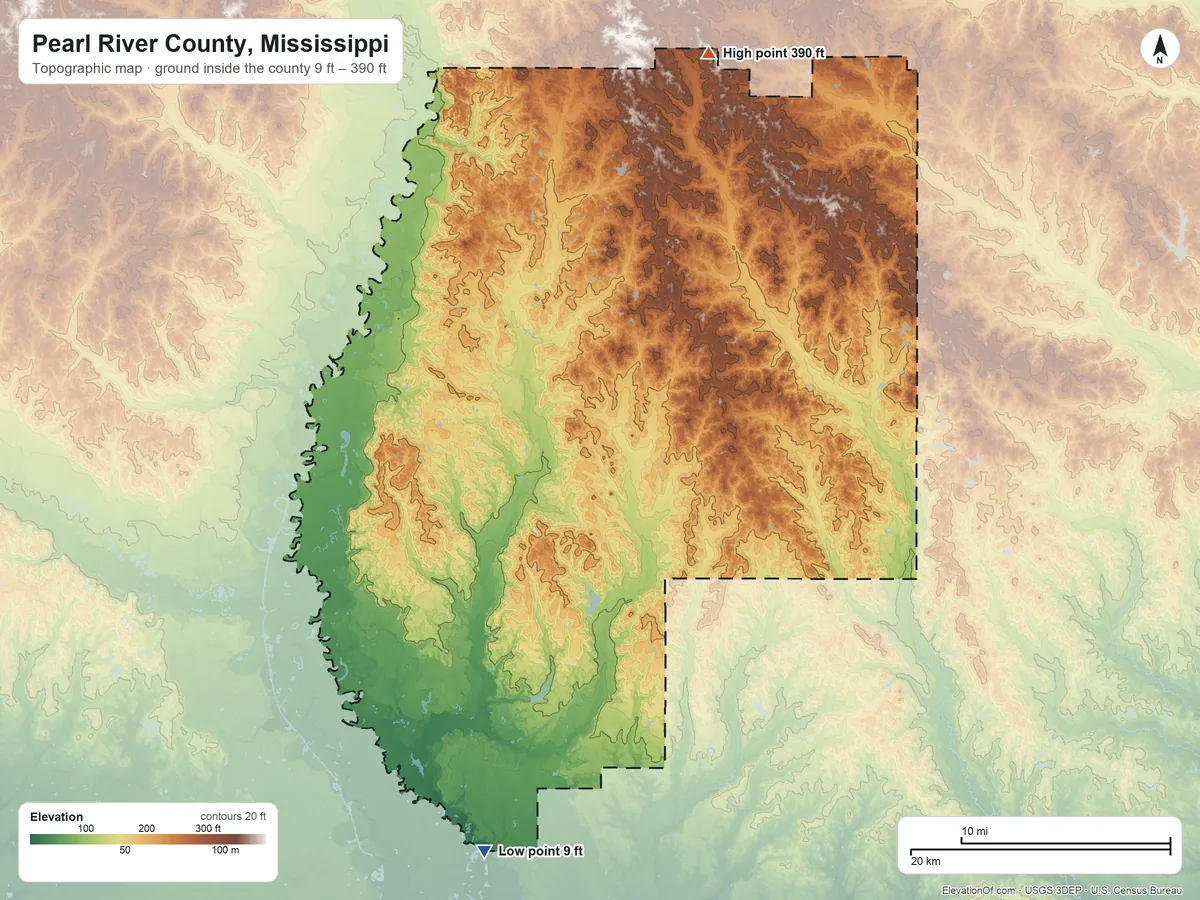 Topographic elevation map of Pearl River County, Mississippi, shaded from 9 ft on the south side to 390 ft on the north side