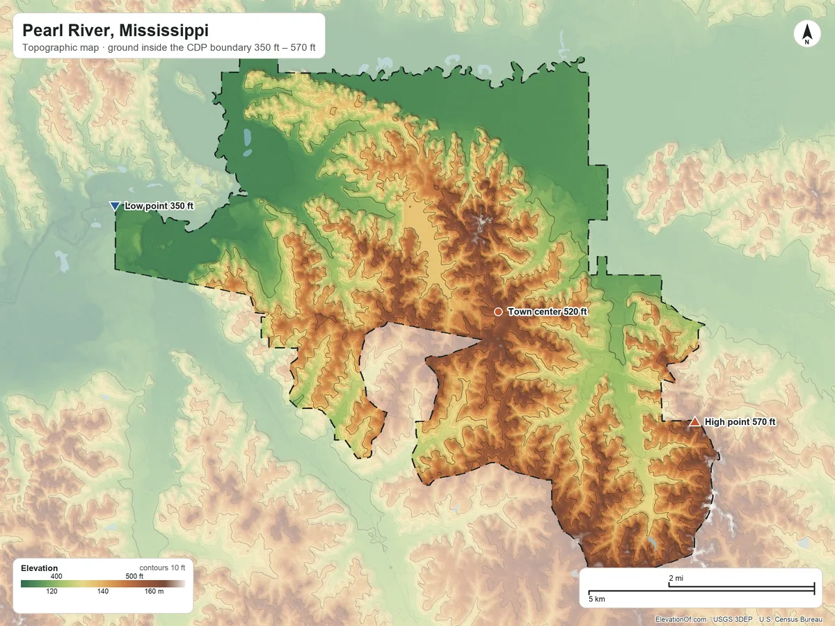 Topographic elevation map of Pearl River, Mississippi, shaded from 350 ft on the west side to 570 ft on the southeast side