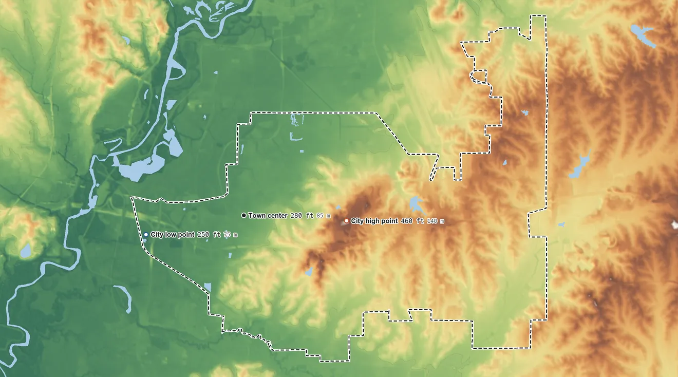 Topographic elevation map of Pearl, Mississippi, shaded from 250 ft on the west side to 460 ft on Red Hill