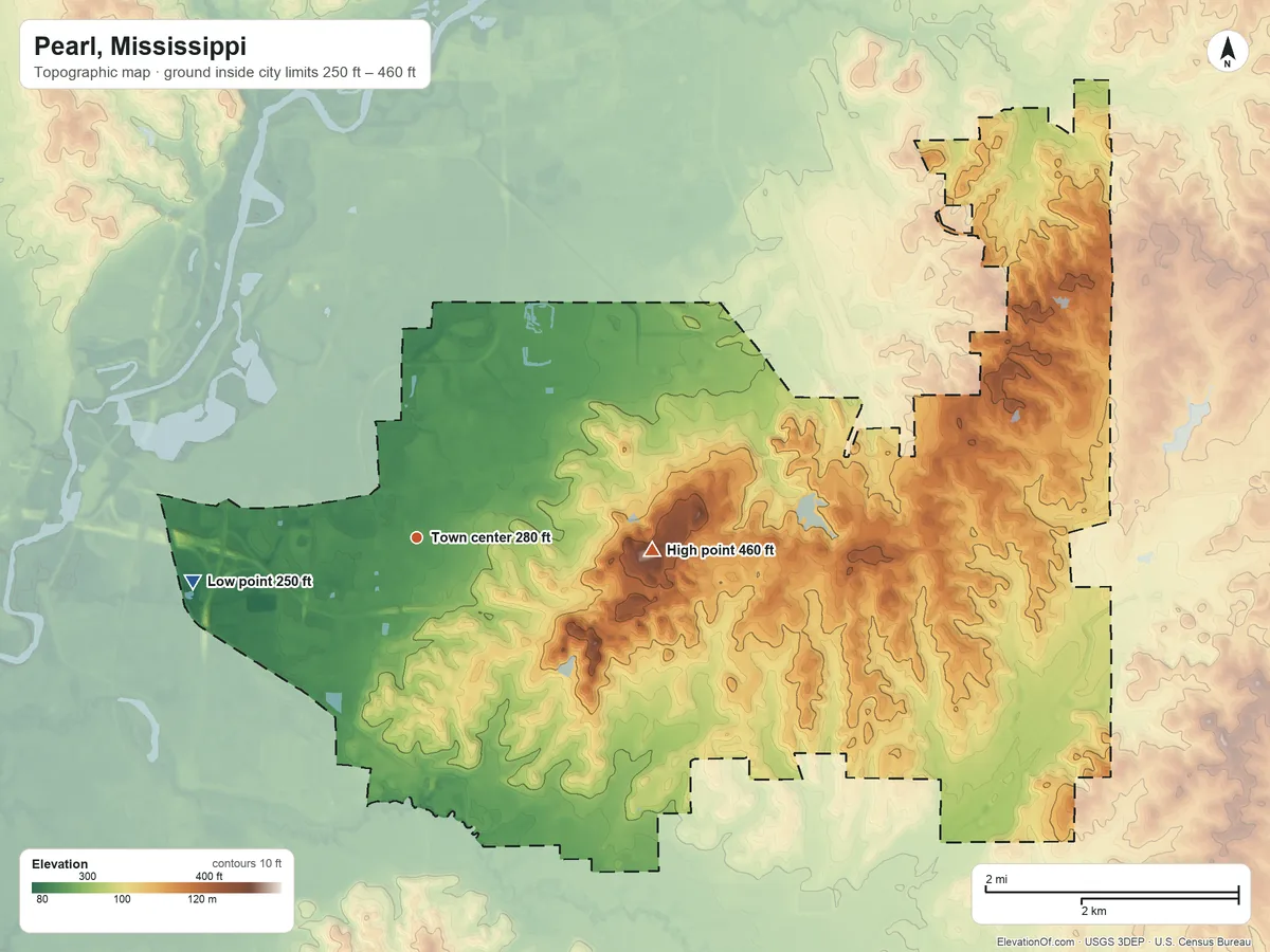 Topographic elevation map of Pearl, Mississippi, shaded from 250 ft on the west side to 460 ft on Red Hill