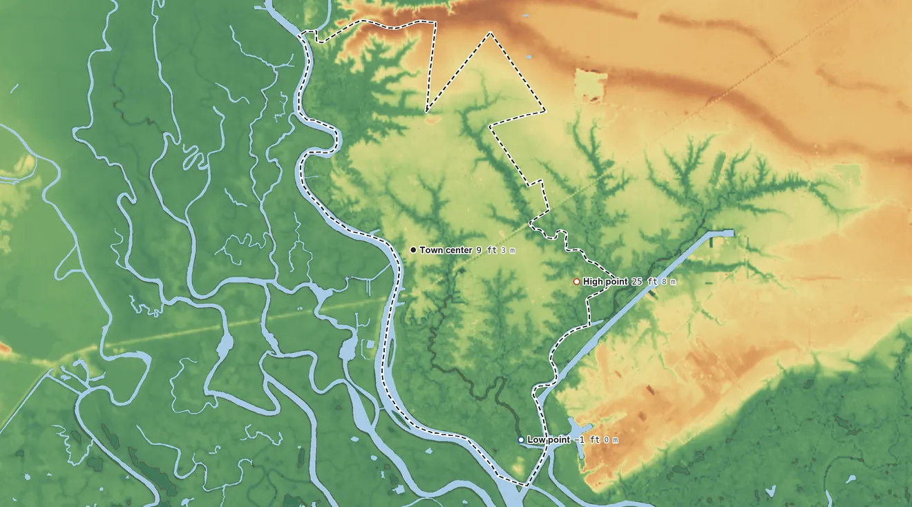 Topographic elevation map of Pearlington, Mississippi, shaded from −1 ft on the southeast side to 25 ft on the east side