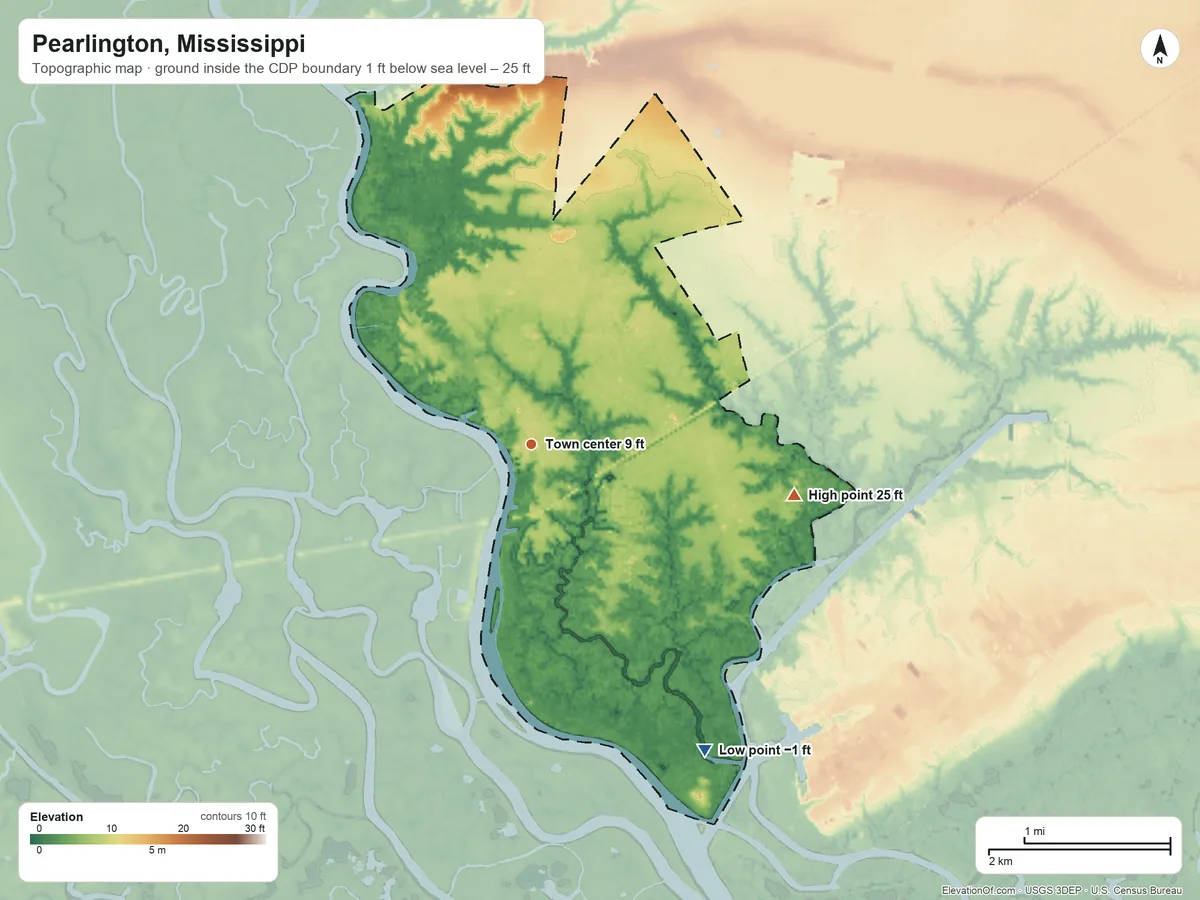 Topographic elevation map of Pearlington, Mississippi, shaded from −1 ft on the southeast side to 25 ft on the east side