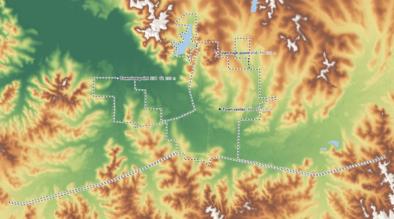 Topographic elevation map of Pelahatchie, Mississippi, shaded from 330 ft on the west side to 450 ft on the north side