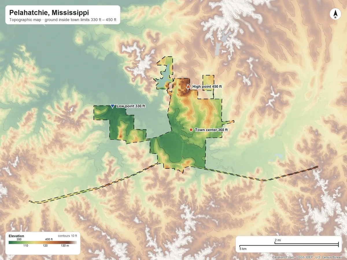 Topographic elevation map of Pelahatchie, Mississippi, shaded from 330 ft on the west side to 450 ft on the north side
