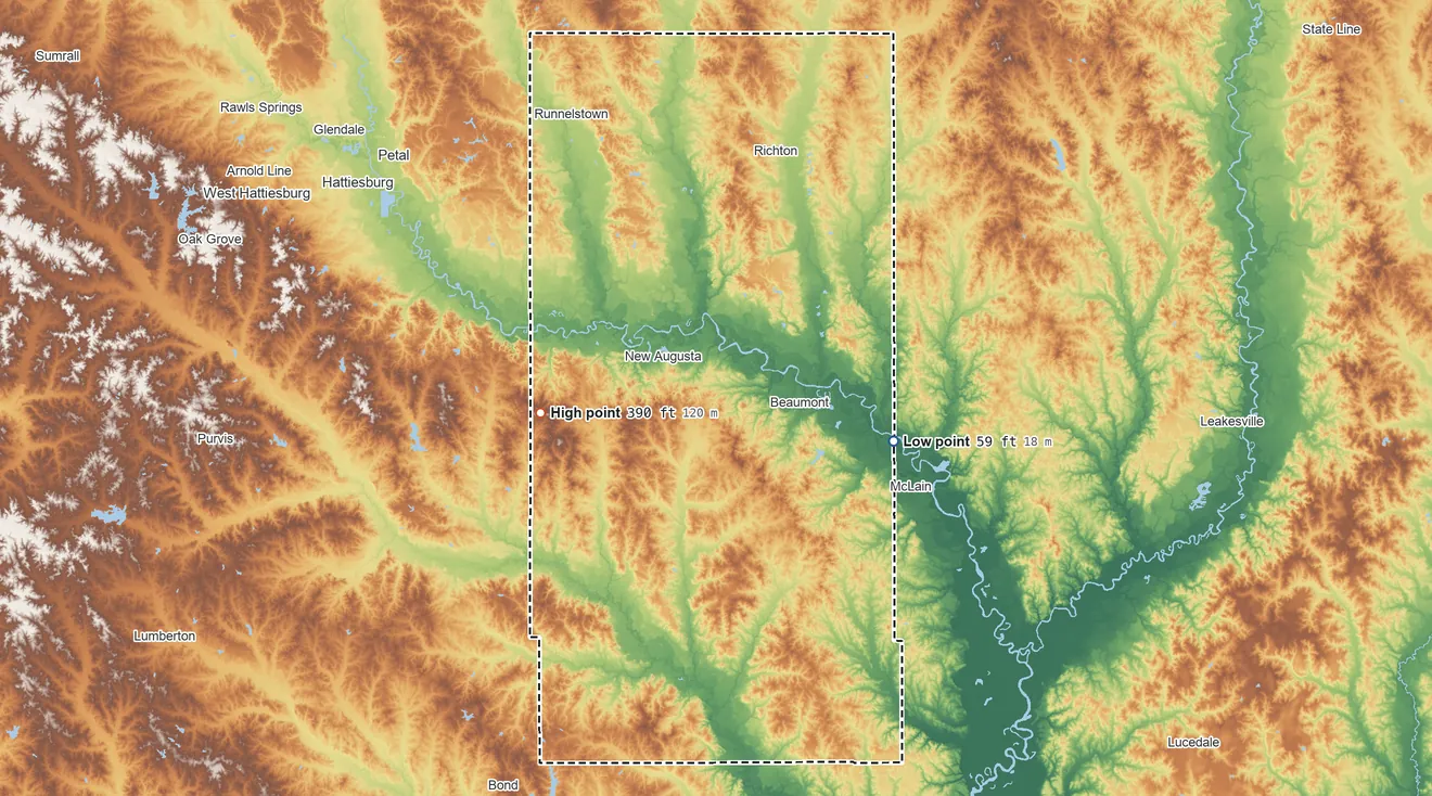 Topographic elevation map of Perry County, Mississippi, shaded from 59 ft on the east side to 390 ft on the west side